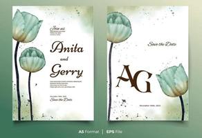 plantilla de invitación de boda de acuarela con adorno de flor azul y verde vector