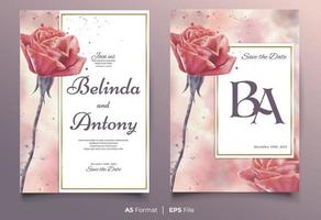 plantilla de invitación de boda acuarela con adorno de flor rosa roja vector