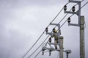 Safe and systematic installation of electricians on high voltage poles.Working on electric poles with maximum safety photo