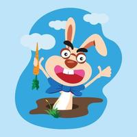 rabbit character holding a carrot with smile expression out of ground hole vector