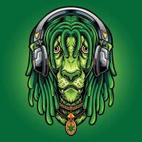 cabeza león micrófono música con hierba cannabis hoja collar ilustraciones vector