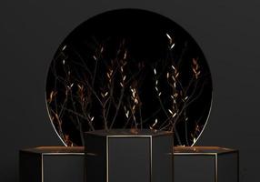 Abstract golden and black stage podium luxury and modern platform for product display advertising with circle rings and leaves Black background 3d render Podium photo