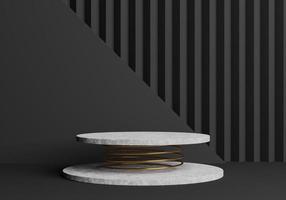Marble podium for product presentation with black rectangle shape and  Golden spring, 3d render black background Pro Photo