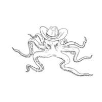 Octopus Wearing Cowboy Hat Drawing vector