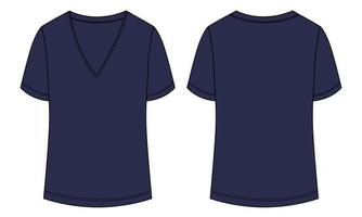 V Neck T shirt Technical fashion flat sketch vector illustration navy Color template for ladies