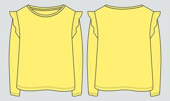 camiseta de manga larga tops moda técnica boceto plano ilustración vectorial plantilla de color amarillo para niñas vector