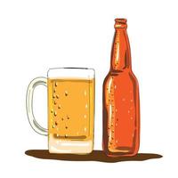 botella de cerveza artesanal y taza acuarela vector