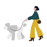 Young woman walking a dog breed poodle. Flat vector illustration.