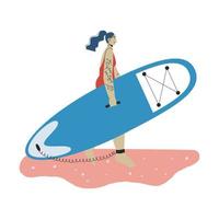 A young woman with tattoo carring sup board. Surf woman. Sup boarding outdoor activity. Flat vector illustration.