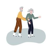 Elderly couple riding on rollers. Old man and woman roller skates. Active grandparents. Flat vector illustration.