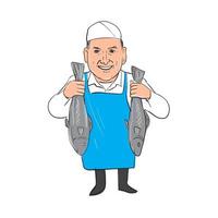 Fishmonger Holding Selling Fish Cartoon vector