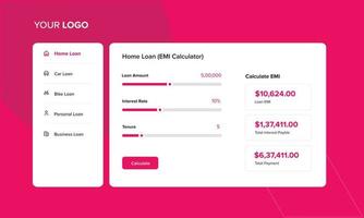 calculadora de préstamos para banca, finanzas, máquina de quiosco, tablero de cooperativas de ahorro y crédito que muestra préstamos para el hogar, automóviles, bicicletas, personales y comerciales. monto del préstamo, tasa de interés, tenencia, calculadora emi. diseño del tablero vector