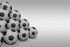 3d classic soccer balls stacked pyramid on empty gray background photo