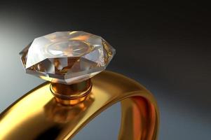 3D Gold ring with a large diamond close-up on a dark background photo