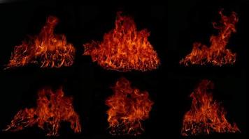 A collection of 6 flame images.Flame Flame Texture for whimsical fire backgrounds. Flame meat that has been burned from the stove or from cooking danger feeling abstract black background. photo