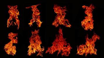 A collection of 8 flame images.Flame Flame Texture for whimsical fire backgrounds. Flame meat that has been burned from the stove or from cooking danger feeling abstract black background . photo