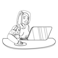 Kid Girl And Mother Using Laptop Together Vector