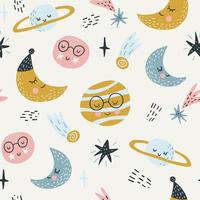 Seamless childish pattern with funny planet characters. Trendy space texture for fabric, apparel, textile, wallpaper. Cute kids print. Vector illustration.