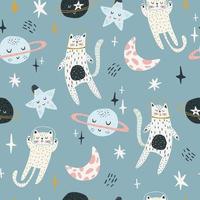 Seamless childish pattern with cat astronauts in space. Trendy colorful Scandinavian style. Creative scandinavian baby texture for fabric, wrapping, textile, wallpaper, clothes. Vector illustration