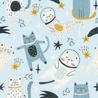 Seamless childish pattern with cat astronauts in space. Trendy colorful Scandinavian style. Creative scandinavian baby texture for fabric, wrapping, textile, wallpaper, clothes. Vector illustration