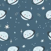 Seamless childish pattern with funny planet characters. Trendy space texture for fabric, apparel, textile, wallpaper. Cute kids print. Vector illustration.