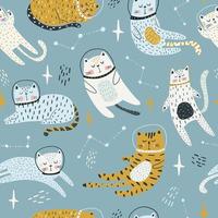 Seamless childish pattern with cat astronauts in space. Trendy colorful Scandinavian style. Creative scandinavian baby texture for fabric, wrapping, textile, wallpaper, clothes. Vector illustration