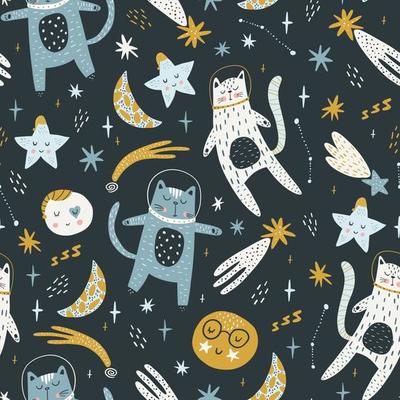 Seamless childish pattern with cat astronauts in space. Trendy colorful Scandinavian style. Creative scandinavian baby texture for fabric, wrapping, textile, wallpaper, clothes. Vector illustration