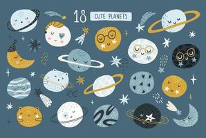 Collection of Cute Funny Baby Planets. Funny baby planets in flat vector illustration. Lovely celestial bodies with smiling faces. Cartoon native colorful astronomical objects.