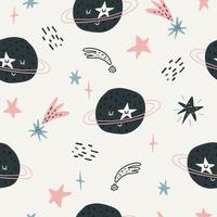 Seamless childish pattern with funny planet characters. Trendy space texture for fabric, apparel, textile, wallpaper. Cute kids print. Vector illustration.