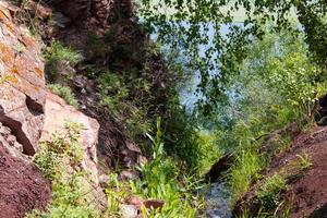 un arroyo fluye en un barranco sobre un fondo de hojas verdes foto