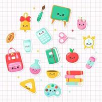 set of kawaii cartoon school supplies. back to school on white background. vector Illustration.