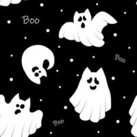 conjunto de lindos gatos fantasmas. patrón sin costuras de lindo espíritu de gatitos voladores. mascotas de halloween. abucheo. personaje de bebé espeluznante de dibujos animados. ilustración vectorial vector