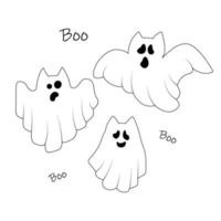 Set of cute ghost cats. Collection of cute flying kittens spirit. Halloween pets. Boo. Cartoon spooky baby character. Vector illustration for greeting card.