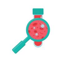 Laboratory test for the virus. Hematology concept with erythrocytes in test tube and magnifying glass, flat style vector illustration