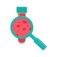 Hematology concept with erythrocytes in test tube and magnifying glass, flat style vector illustration