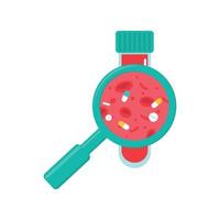 Laboratory test for doping and drugs. Hematology concept with erythrocytes in test tube and magnifying glass, flat style vector illustration