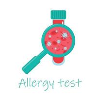Laboratory test for allergies. Hematology concept with erythrocytes in test tube and magnifying glass, flat style vector illustration