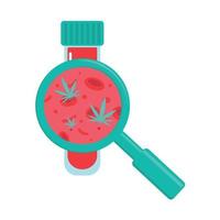 Lab test for marijuana. Hematology concept with erythrocytes in test tube and magnifying glass, flat style vector illustration