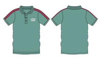 Short Sleeve polo shirt technical fashion flat sketch vector illustration template green Color front and back views