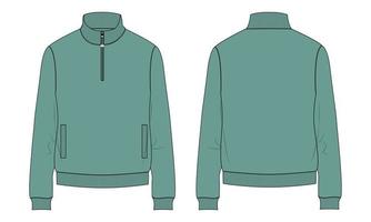Long sleeve with Short zip fleece jacket  Sweatshirt technical fashion Flat sketch Vector illustration green Color template Front, back views.