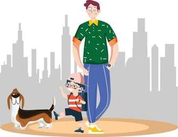 Father and son walking on the street vector