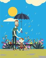 padre con su hijo bajo la lluvia vector