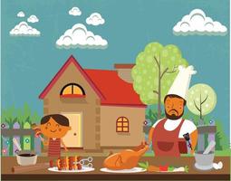 Father And Son Preparing Meal Together vector