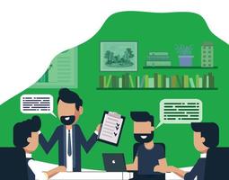 Young businessman on a meeting with office workers on a room background vector