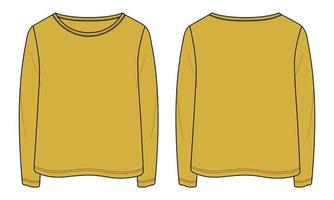 Long Sleeve T shirt tops technical fashion flat sketch Vector Illustration yellow Color template for ladies and baby girls