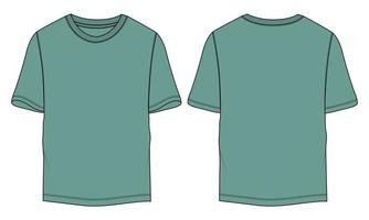 Short sleeve T shirt technical fashion flat sketch vector illustration green color template front and back views