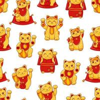 Golden Maneki neko seamless pattern.Japanese cats of luck and wealth for printing on paper and fabric. Vector cartoon background