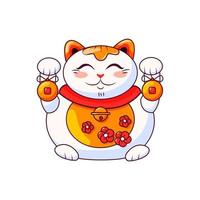 Fat cute Japanese cat maneki neko with raised paws. Symbol of luck and wealth. Vector cartoon illustration.