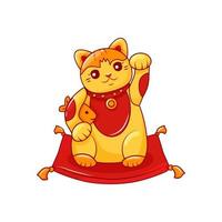 Golden cat Maneki Neko with raised paw on a red pillow. A symbol of luck and wealth. Vector cartoon illustration.