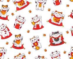 Different cute Japanese cats of good luck Maneki Neko. For printing on paper and fabric. Symbol  wealth. Seamless vector pattern.